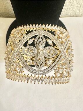 6.75” Gold Plated Moissanite Floral Motif Wide Cuff Bracelet NWOT